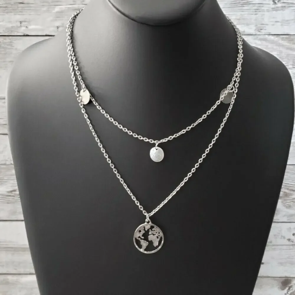 World / Globe Layered Pendant Necklace - Silver Tone Statement - New
